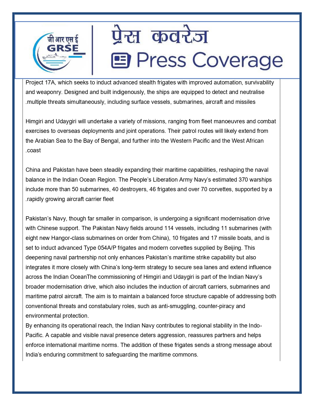 Press Coverage : 27 Aug 25:Defence Ministers commissions two multi-mission stealth frigates, INS Udaygiri and INS Himigiri